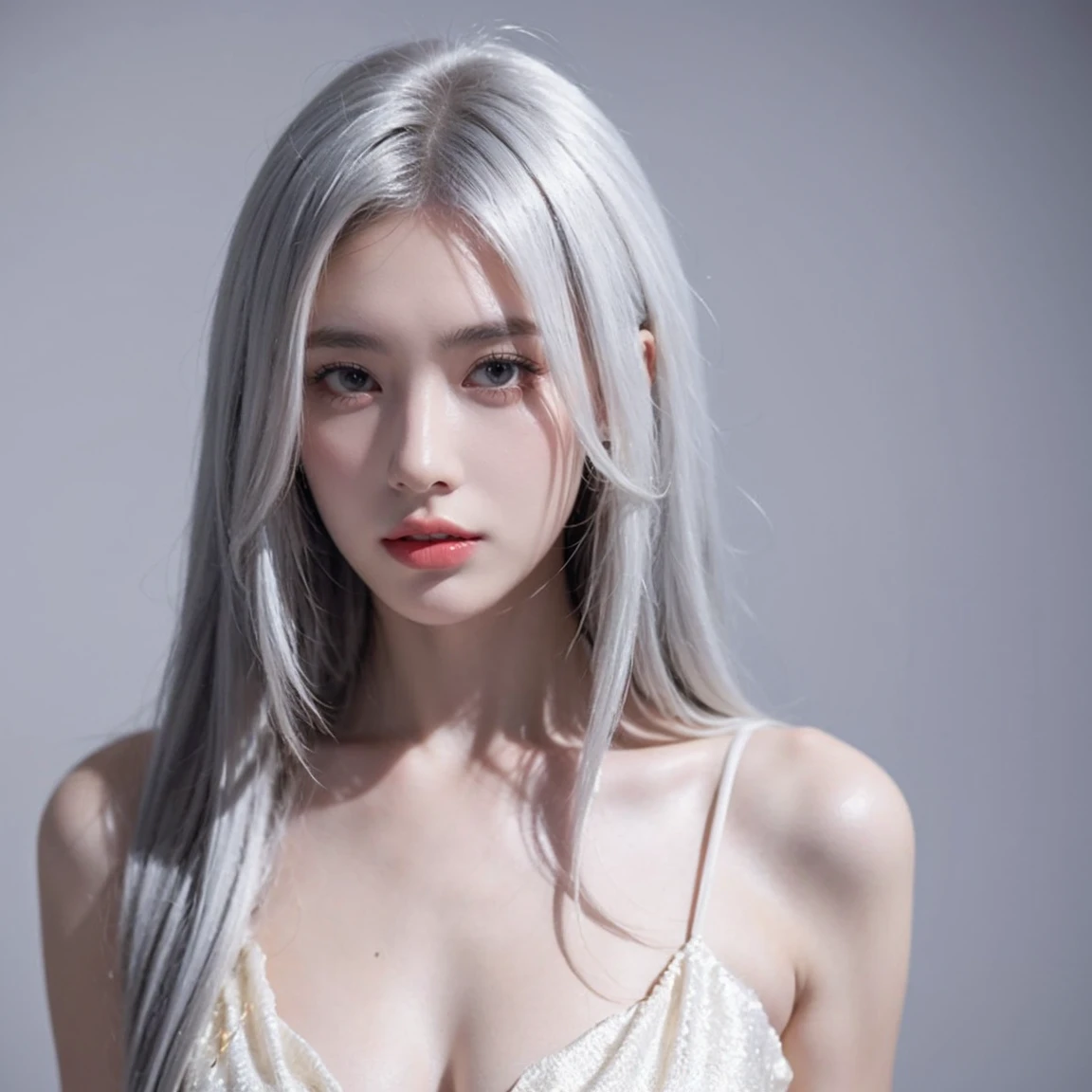 The highest quality of work，actual work，Ultra-premium graphics，8K HD CG 작동，High-quality graphics，High-definition CG work，10x Pixel，Super fine details：1.1，Advanced technical details：1.1Real as photo，실내 lighting effects：1.5，natural light：1.5. lighting effects（virtual lighting effects：1.8），Super high resolution，Sparkling red dress，長いsilver hair，silver hair，transparent hair，High-detail hair（Premium hair details：1.1）clear eyes，Your double eyelids are pretty，Sharp eye makeup, Delicate eyelash makeup, thin eyebrows, very detailed eyes，high nose, I like red lips,  A face with delicate makeup , Cute face, perfectly balanced face,,(Off-shoulder pure white dress),