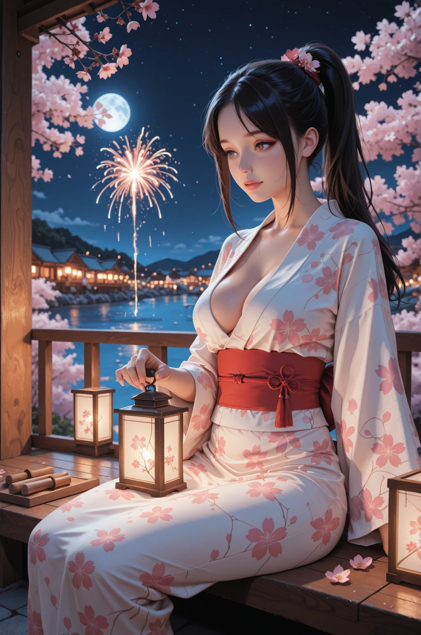 ((16K)),(masterpiece:1.3, Highest quality, Ultra-high resolution, Super detailed), (Realistic, photoRealistic:1.4),((nsfw:0.6)), Perfect lighting, Depth of written boundary, Browsing Caution, Surrealism,Face Light,(( large breasts)),Beautiful detailed hair,((Beautiful eyelashes)), Beautifully detailed face, Beautiful fine details, Beautiful body, thin脚,Beautiful feet, ((Detailed nails)), ((Accurate Fingers)), thin, 1 girl, 23 years old,Perfect Face, Long eyelashes,Perfect Anatomy, Supermodel with a long neck,((Skinny1.2)),(Perfect Anatomy,Anatomically correct, Highly detailed skin), ((beautiful girl:1.1)),(Mid-length hair:1.4, Wavy Hair:1.2, Black Hair) ,((hair over one eye)),((On all fours)),Dainty facial structure,((Open your mouth wide and smile happily:1.3)),((facing viewer)),((wearing very elaborate (pink) yukata with traditional Japanese floral patterns)),Generate an image of a night sky with colorful fireworks being launched. The background should be filled with a variety of vibrant fireworks, creating a festive and celebratory atmosphere,Beautiful fireworks,((wide shot)),