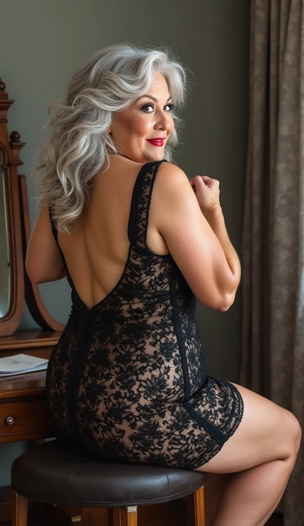 Mature old woman 80 years with curly silver hair, plus size, old face and body with many wrinkles, smiling, loose skin, standing at balcony posing for photo, She satin black lace dress with red print and large neckline and lace stockings, back view. jaw dropping mature older beauty, old face and body with wrinkles, old face, attractive grandma, a gorgeous old hair, beautiful old grandma, lovely older mature grandma, gorgeous beautiful grandma over 80 years old, beautiful curly silver hair grandma, beautiful detailed body and face, a beautiful old granny