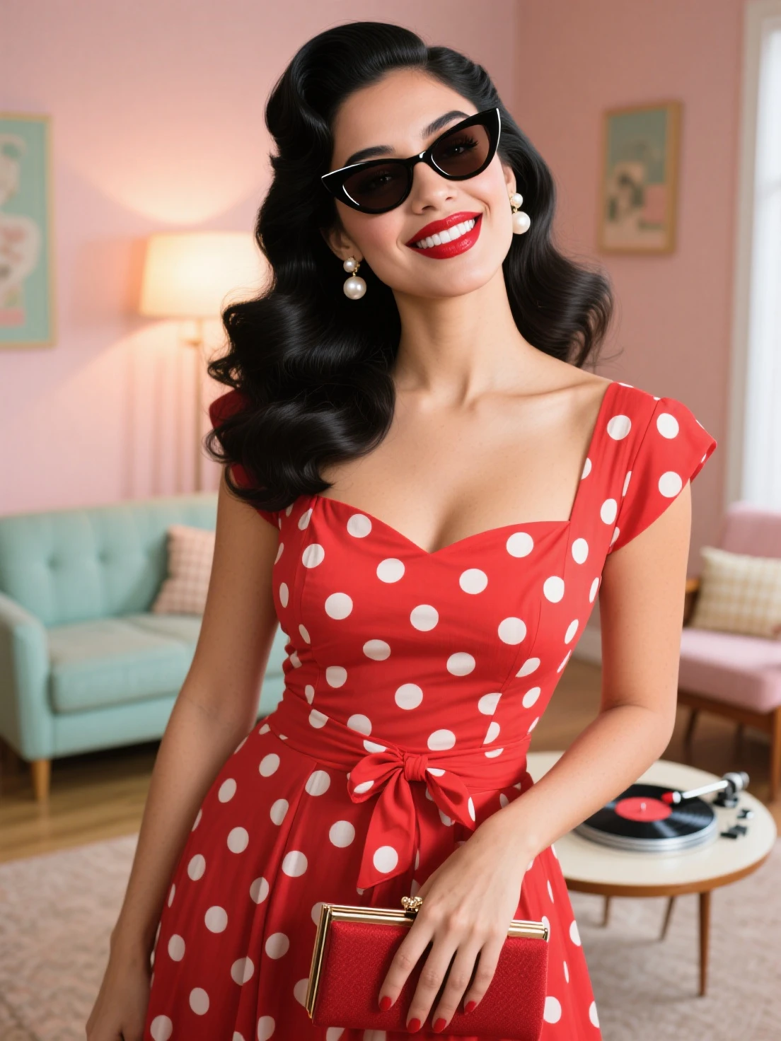 Full length photo of a girl, realistically depicting a 35 year old woman with a sexy Cherry Dollface and emotional. She has brown hair, one eye is closed creating a mysterious and sexy image. Model dressed in pin-up style with hair styled "victory rolls" brown hair and curly bangs. Her plump red lips make her look sexy. She has average breast size. She portrays an American housewife, posing in various sexual positions. holds a phone in her hand. On a white background, she appears in a red retro dress with large polka dots with a fluffy, voluminous ballerina skirt. She has a red bandana on her head, and on her feet there are red stockings. The photo is made in pin-up style, emphasizing the retro-USA vibe. Her sexy look, she looks at me, and blows a kiss, give the photo a special charm. she&#39;s surprised, she&#39;s flirting, her mouth is open, she&#39;s laughing, her lips are in a bow, she&#39;s sexy