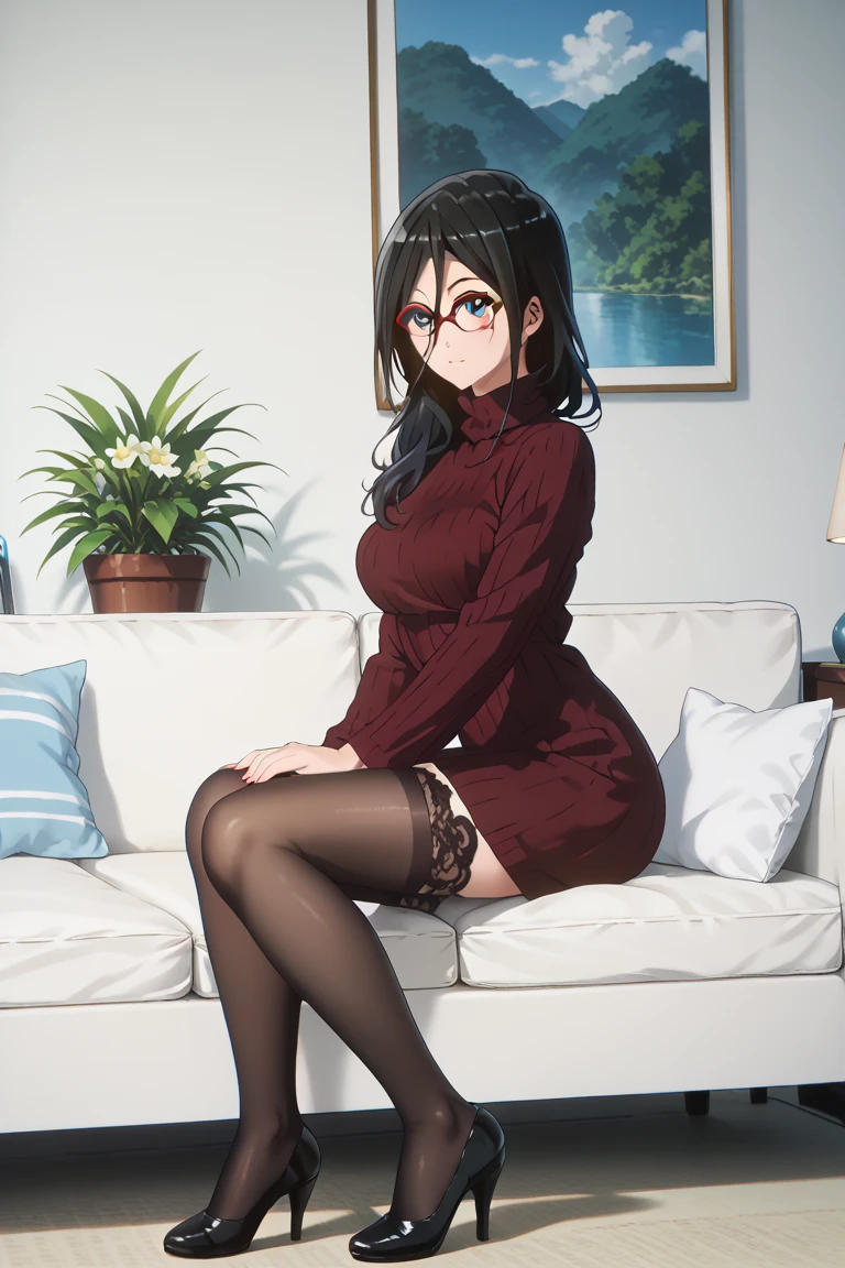 knit、Tight Skirt、beautiful mature woman、Glasses、sit、Upper body、cross your legs、stockings