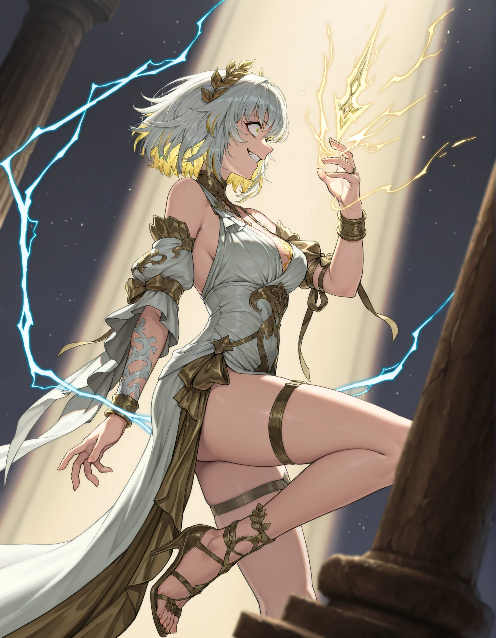 masterpiece, best quality, amazing quality, very aesthetic, high resolution, ultra-detailed, absurdres,
1girl, woman, solo, alone,(side shot, medium shot:1.2), KromerLimbus, multicolored hair, white hair, aglaea, laurel crown, necklace, chest tattoo, detached sleeves, bracelet, thigh strap, high heels, crazy smile, wide eyed, constricted pupils, blue lightning power, electric fist,
BREAK, depth of field, volumetric lighting
 