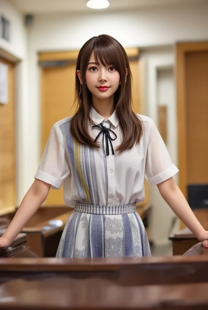 Masterpiece hd, solo, realistic, cosplayer, asian girl, 1girl, misaka mikoto, tokiwadai, wear white collared shirt, wear brown vest, bow, looking at viewer,, smile, upper body, standing, indoor
