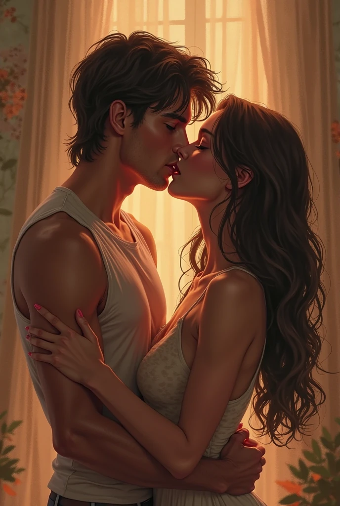 Create an image, in the style of drawing for book cover, of a young woman of about twenty-three years old with long hair, brown in color and wavy, green eyes and white skin, she must be in the arms of a man both with a slightly surprised expression, as if she had fallen and he had caught her before it happened.
This man must look young too, with white skin and black hair, he must be tall and have an athletic body, broad shoulders and steady hands.
Your face should be masculine with strong eyebrows and dark eyes.. Men's hair should be slightly wavy, almost smooth and black in color.