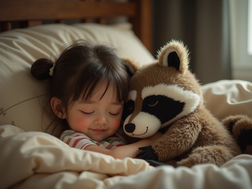 A girl laying on the bed, while an otter on the top of her body