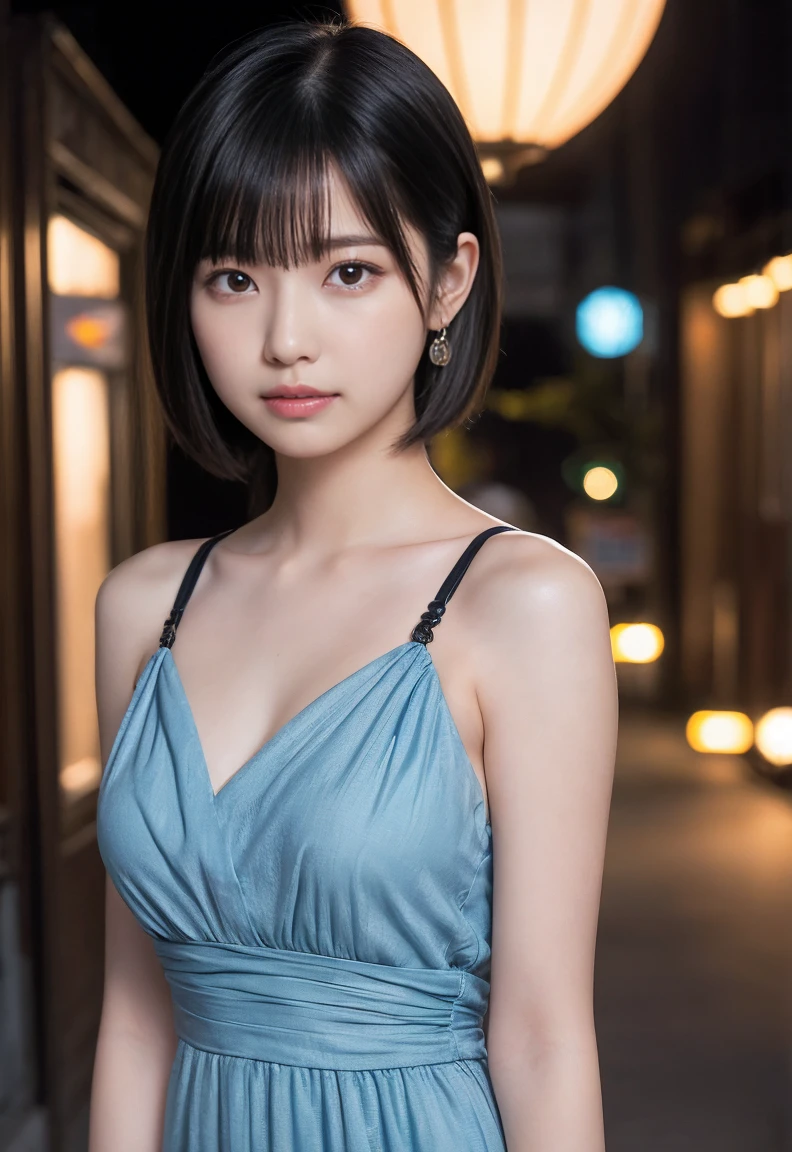 1 Girl, (Wearing a rainbow dress:1.2), (Supercluster), Very beautiful Japanese idol portraits, (RAW Photos, Highest quality), (Realistic, Realistic:1.4), (masterpiece), Very delicate and beautiful, Very detailed, 2k wallpaper, wonderful, finely, Very detailed CG Unity 8K wallpaper, Very detailed, High resolution, Soft Light, Beautiful detailed girl, Very detailed目と顔, Beautiful and sophisticated nose, Beautiful and beautiful eyes, Cinema Lighting, (Fashion magazine photography:1.3), (Outdoor), (night lighting), (Waterfront), (short hair), Complete Anatomy, Slender body, Small breasts, smile