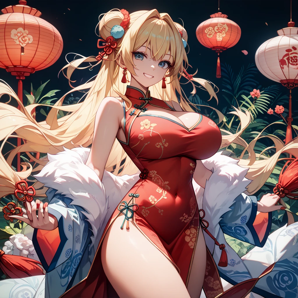 A portrait of a radiant adult 9 tails fox girl with a warm smile directed at the viewer, the background features a vibrant Chinese New Year celebration, lanterns, fireworks, traditional decorations, beautiful scenery, Breasts enlarged, elegant mature woman, large hips, big breast, Ahri, blonde hair, braid, flower on head, animal ears, fox ears, kemonomimi mode, super detail, high quality, highres, masterpiece