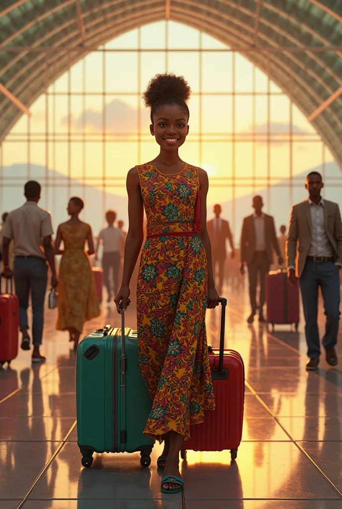 Generate an image of a black skinny curvy woman in at an airport with her luggage