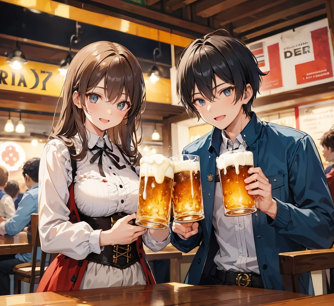 A male and a female in oktoberfest drinking beer together, holding beer glass, beer, laugh, romantic atmosphere, happy atmosphere, landscape