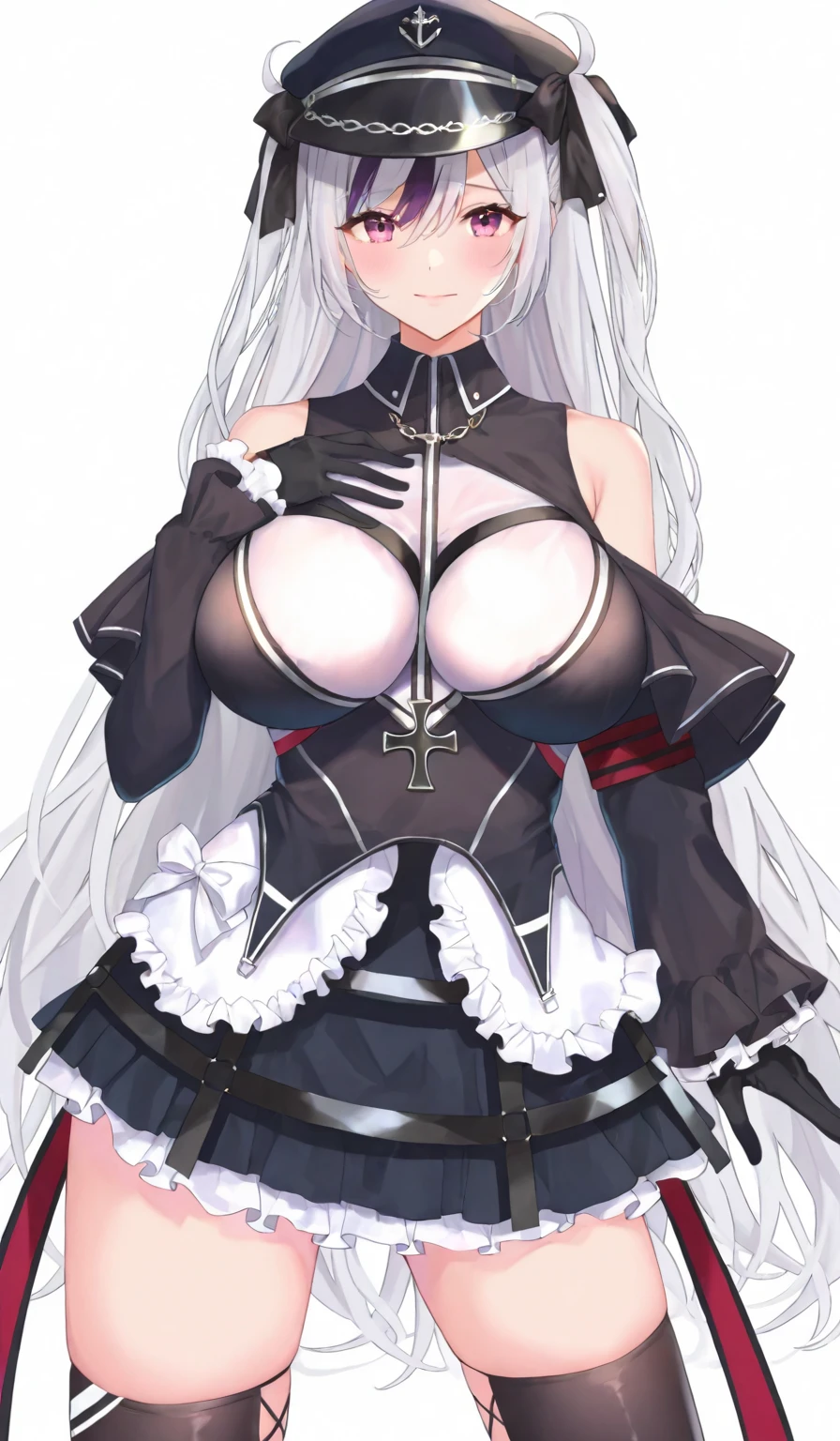 Striped hair, french braid, mismatched pupils, Chiaroscuro, with blue sky and white clouds, Gothic art, 16k, Best quality, Anatomically correct, High details,lewd nun,(huge tit),(black pantyhoses)