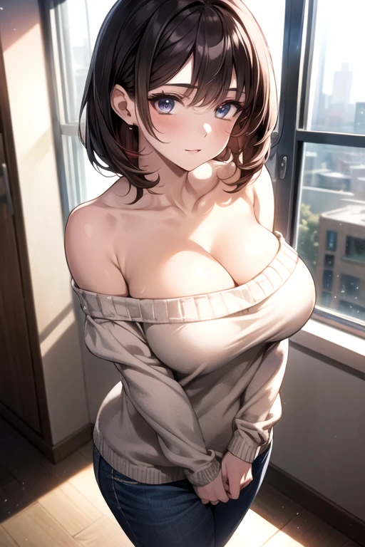 (), big boobs,(masterpiece), best quality, extremely detailed, (watercolor), bloom, delicate and beautiful, illustration, (from below),(1girl:1.4), (solo:1.2), large breasts, (ribbed sweater:1.3), off-shoulder sweater, (short shorts:1.2), bare shoulders, (underboob), ((dark skin:0.8)), beautiful eyes, (disheveled hair ), photography, over-the-shoulder shot, by Alex Maleev, professional, canon camera, nikon camera, sharp, bokeh, studio quality, fisheye lens, by Robert Capa ,