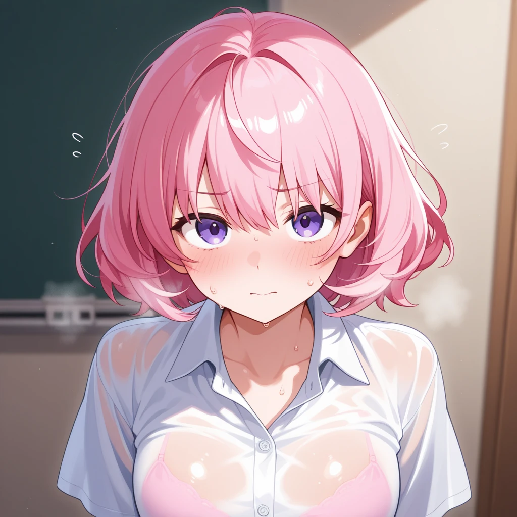 ((muste piece, best quality, High resolution, ticker, perfect pixel, Depth of bounds written, In 4K, )), 1 girl, solo, , beautiful anime girl, beautiful art style,
close up of breasts, Looking at Viewer,
perfect body,
Yuigahama Yui, short hair, (big :1.2), pink hair,
full face blush, open mouth, (empty eyes, heart-shaped pupil, pink eyes), smile,
teacher,
white collared shirt, black skirt,
in classroom,
pov, from above,