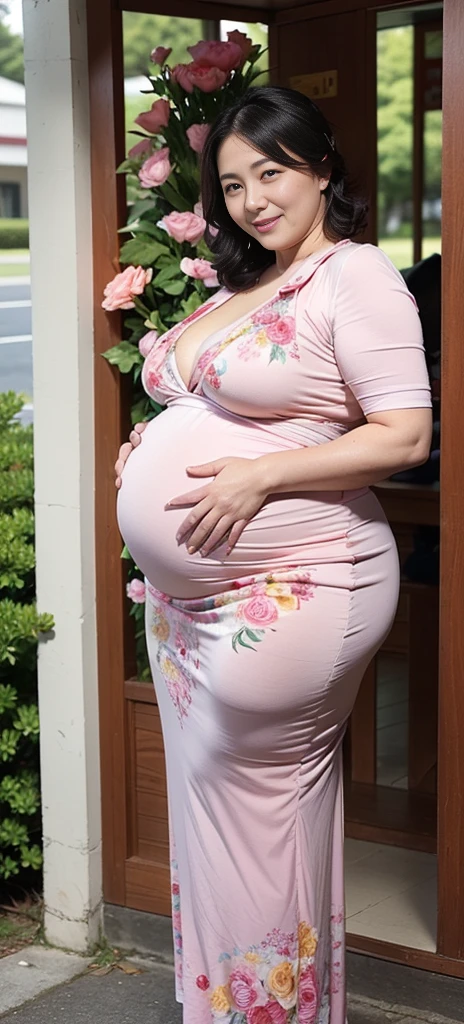 huge busty and pregnant woman with blue floral short dress walking in the park.