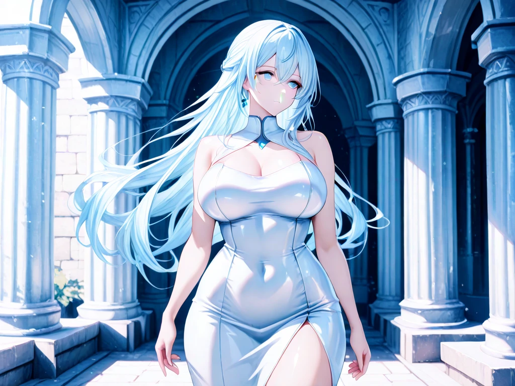 Anime ice princess full body view with perfect hands, huge Breasts,white hair, aqua eyes, ice woman, hands hidden, living room, smile, ice world 