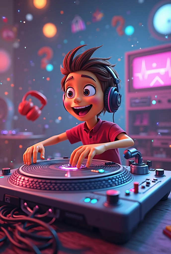 create an image of a boy with a blue cap, a very happy DJ, playing his equipment, in a kitchen, with neon lights and hanging pots and cutlery
