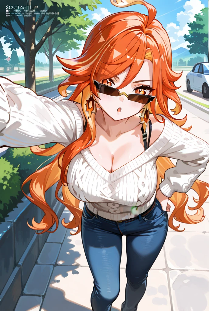 a beautiful woman with sleek orange long hair, red eyes, a delicate and enchanting face, her eyes are sharp and piercing, a cunning smile, she has a slender figure, showcasing a mature Japanese manga artistic style, extremely detailed eyes and face, high quality eyes, masterpiece,high quality,4k, bare shoulder,belly,crop top,outdoor,cleavage,jeans,casual
dress,street,road,smile, open mouth, (nsfw) not safe for work, holding a gun,handgun, evil expression,
exposed belly, exposed navel, exposed midriff, exposed lower belly, crop top overhang, underboob,
unbuttoned jeans , low rise black jeans, Low rise jeans, Low rise jeans with open fly, navel piercing