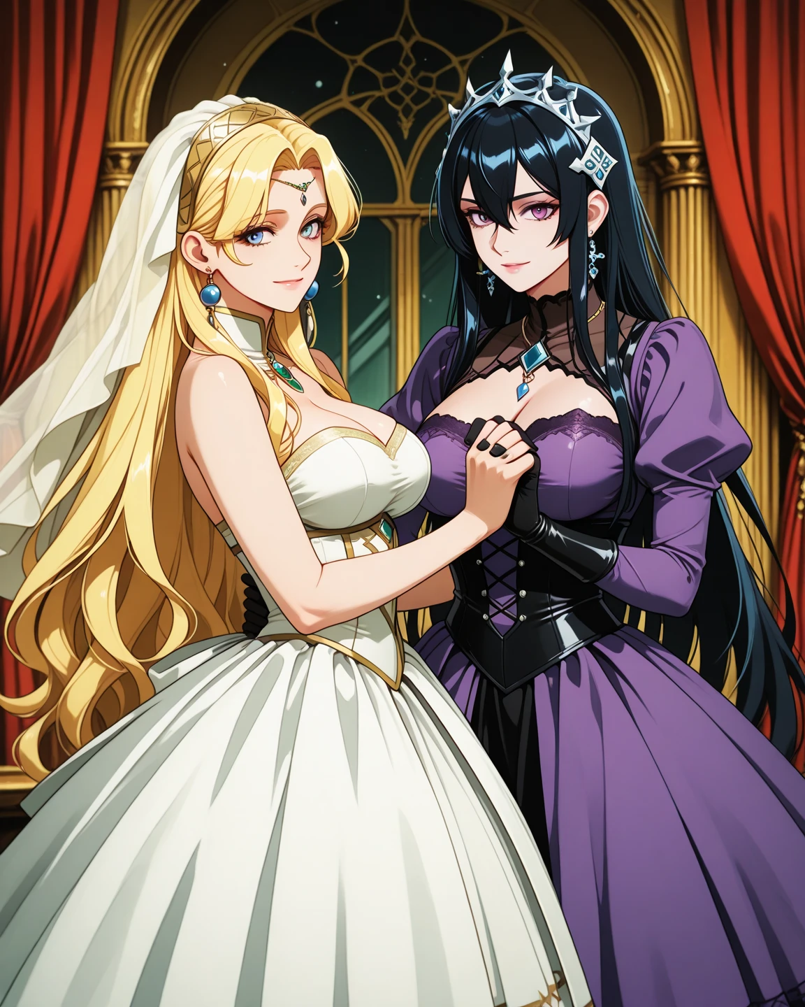 best quality, (masterpiece),(ultra-detailed), (high quality), (high resolution), (2heads:1.5) ((blonde long hair)), (black hair) (yellow princess), cleavage, full body,best quality:1.5, highres, UHD, 4K), ponytail, smiling, ((yellow dress with pink patterns)), ((full body)), detailed magenta eyes, princess dress, (mature woman), royal dress, sexy proportions, black long pants, thighs, Beautiful girl with accentuated slender abs, eyeshadow