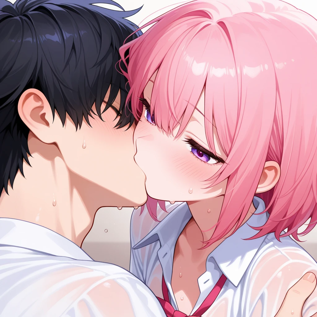Male Black hair and female pink hair, kissing love couple