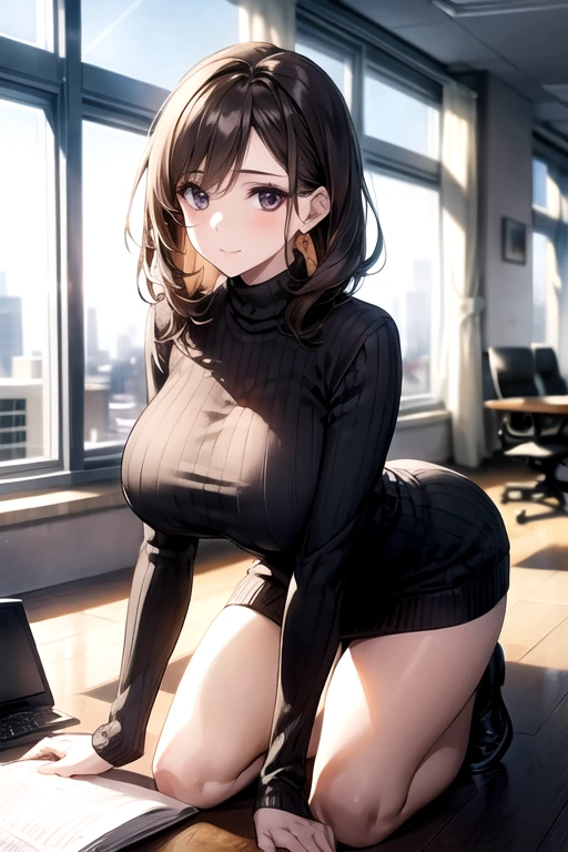 Cute girl, short curly brown hair, brown eyes, hair clip, loose black long-sleeved t-shirt, very short gray skirt, black tight socks, big breasts, sitting