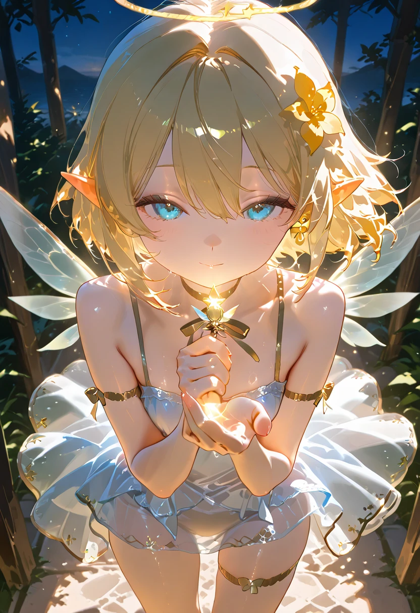 falling, dynamic pose, 1 girl, closed eyes, opened mouth, long blonde hair, long eyelash, fairy wings, high detailed skin, Russian Flower Fairy, naked, screaming, white laced panties, high quality, Volumetric lighting, A high resolution, Soft lighting, Transparent feather drop effect, Spring flower utopia