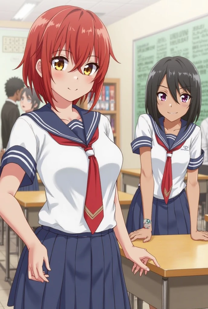 2 girls , classroom,floor,Yukinoshita Yukino , (Full Breast Yuigahama Yui ), Sitting with legs crossed ,Wear sneakers, (Sole 1.0),blazer,shirt,Check skirt,(Cameltoe in panties:1.0),(Pink lace panties:1.0),(Blue panties),
