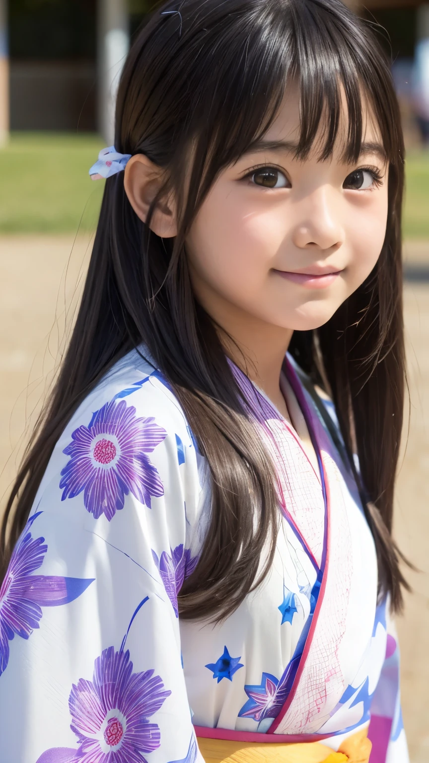 Summer Festival Scenery ,A beautiful elementary school student, One Girl, Star-patterned kimono、Bust Shots、Long hair,I'I'm drinking tea and relaxing、Highest Quality、Smile Yan, I'm drinking steaming greentea,bust up, Bright sunlight,from the front