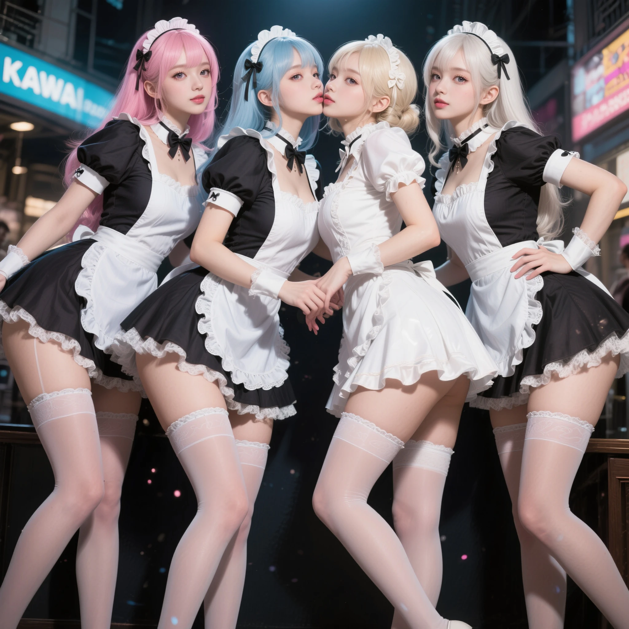 (Full Body of Extremely Detailed((Sexy Maid Group in a row:1.37))), KAWAII perfect face, Reflective Eyes, Detailed(Delicate Clothing textures), Correct Leg Line, Dynamic Joyful Expressions LifeLike Rendering, Specular Reflection, TopQuality 8K Ultra-detailed masterpiece (ProfessionalPhoto:1.37), (Acutance:0.8), (Luminism:1.28), (Renaissance art style), Colorful Light particles, ((Full body from side)), {MicroMini Skirt|Kissing|Breast Lifting|Undressing|Thigh Gap|AssFocus|(NakedApron with Overflowing SideBoob)}, Radiant Fine Skin with Transparency, (Exposed:0.4), (Different types of Anime hair color){Pink Hair|Blue Hair|Platinum Blonde|Pure White Hair|Liquid Hair}, Perfect Lighting
