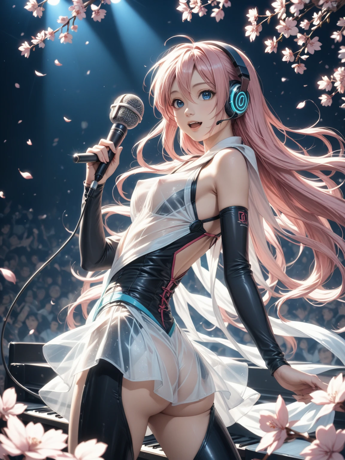 Highest quality, Super quality, 16K, Incredibly absurd, Very detailed, 2.5D, Delicate and dynamic depiction, Megurine Luka, Vocaloid Character, Cool and stylish headphones, Elvis holding a microphone, Attractive and seductive expression, Glamorous slender body, Singing grand and solemn ballads against the backdrop of nature, Very beautiful effect, (Water Drop, Gold Dust, Image processing that makes it look like a stop-motion scene), (Motion Blur, Action Blur:0.5)