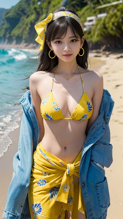 Cute fit Korean girl wearing a sexy orange bikini with a yellow jacket with sunglasses doing a sexy pose in front of the sunset at a beach