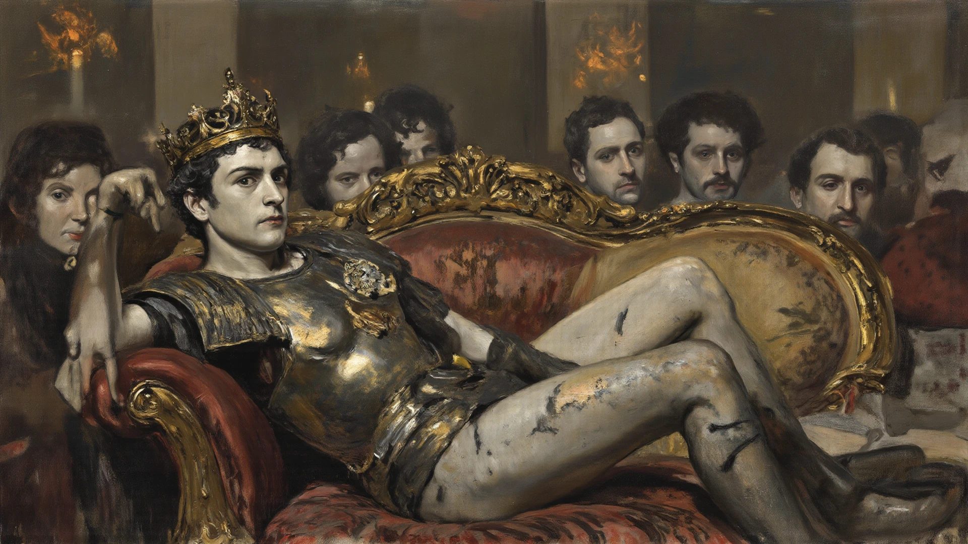 oil painting by caravaggio,, art noveau deco, paul chabas, a young man latino athletic tonned body, barefoot, shorts, scared gaze, gorgeous, pefect simetryc body and face He is sitting slightliy leainig forward , on a ultradetailed barroque style chair, black background, starting at the viewer, fear face evocking fear, Shadows and lighting, realistic lumen lighting, octane render, shiny vibrant colors, centered, symmetry, painted, intricate, volumetric lighting