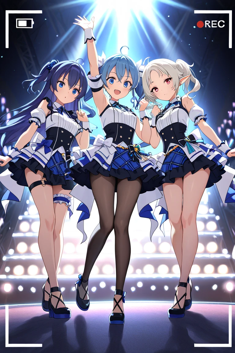((32k)), ((best quality)), ((ultra high res)), ((HDR)), ((UHD)), ((extremely detailed CG)), ((unity 32k wallpaper)), ((illustration)), ((((3 girls)))), (cute smile), ((cute bikini)), (((Idol Costumes))), ((Idol Stage Background)), ((Holding a microphone)), (Peering from below), ((happy)), blue hair, black hair, closed mouth,