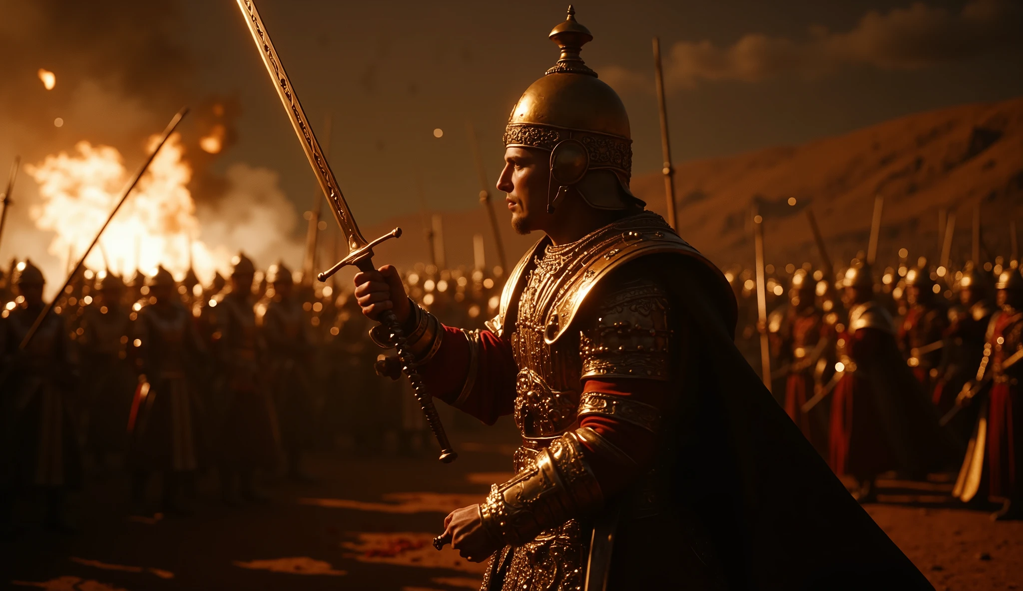 1950s, A dramatic ancient battlefield during twilight, two trusted generals from the same kingdom stand back-to-back slaying enemies, when suddenly one turns and stabs the other — slow motion betrayal, sword piercing armor, shock in the victim’s eyes, fire reflecting in blood, soldiers fighting in the blurred background, golden embers flying through the air, cinematic lighting, ultra-realistic, intense emotional impact
