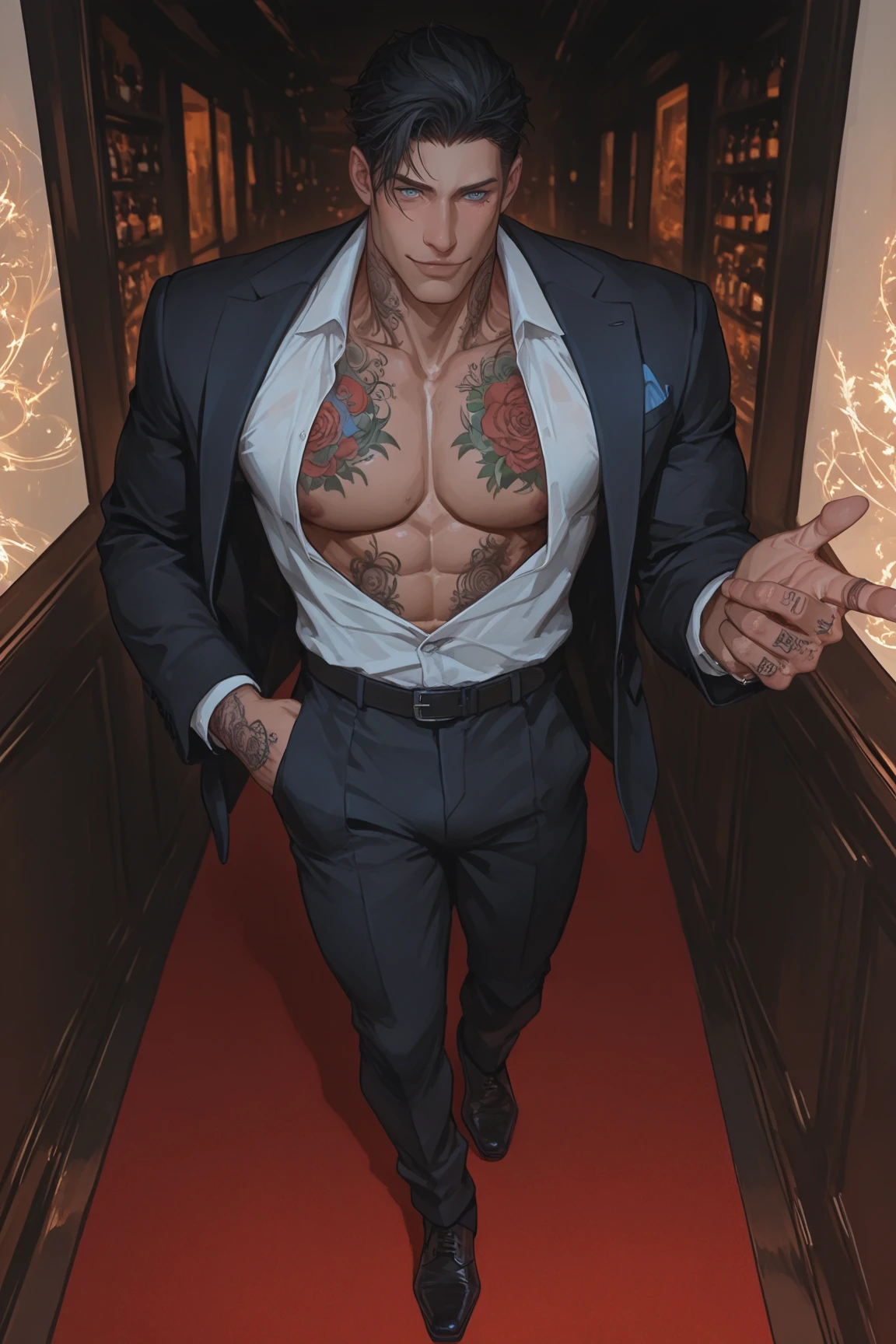 masterpiece, best quality, highres, upper body shot, ((wide angle)) male focus, solo focus, middle-aged man, beefy, burly, hairy, manly, really tall, wearing a big smooth black robe, open chest, wearing glasses, on a high rise balcony, cigarette in mouth, a vodka glass on a small table, smoking, lots of smoke, looking into the distance, looking up to the sky, (sunrise), early morning, incredible composition, HDR, volumetric lighting, seen from the side