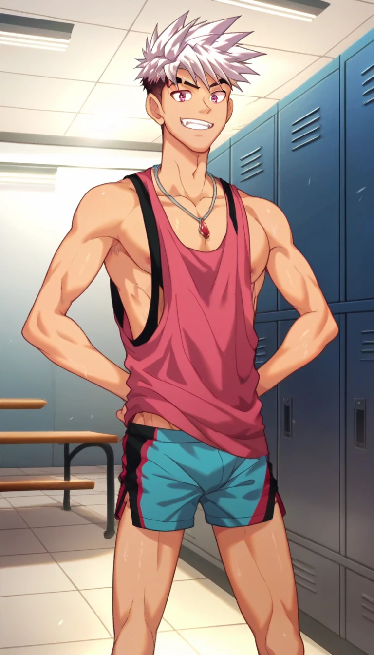 best quality, masterpiece, extremely detailed, close up of muscular bodybuilder man, messy windswept hair, wearing a pendant choker, stained jockstrap, wearing opened off-shoulder red tracksuit jacket, exposed torso, red tracksuit pants pulled down, dripping precum, in gym locker room, very cheeky smirk, ambient lighting, extremely dramatic shadows, perfection, no watermark, no logo, no signature