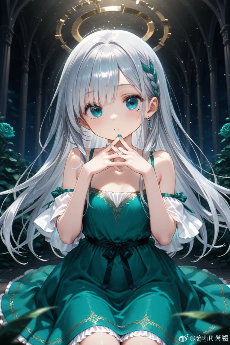 To view the anime drawing you have requested, Imagine a young girl with silver hair that shines with a soft glow under the light. her hair is long and straight, cascading down to her waist, with a few strands delicately framing her face. His eyes are large and expressive, of a blue or gray tone that complements her silver hair.

She wears an emerald green dress that contrasts beautifully with her silver hair.. The dress has an elegant and fluid design, with lace details and a skirt that moves gracefully when she walks. The top of the dress has a heart-shaped cutout, and the sleeves are long, Slightly fitting around her arms before flaring out slightly at the wrists.

To add a touch of fantasy, You could imagine it in a magical setting, perhaps in a moonlit forest, with leaves shining around her and a gentle breeze moving both her hair and her dress.