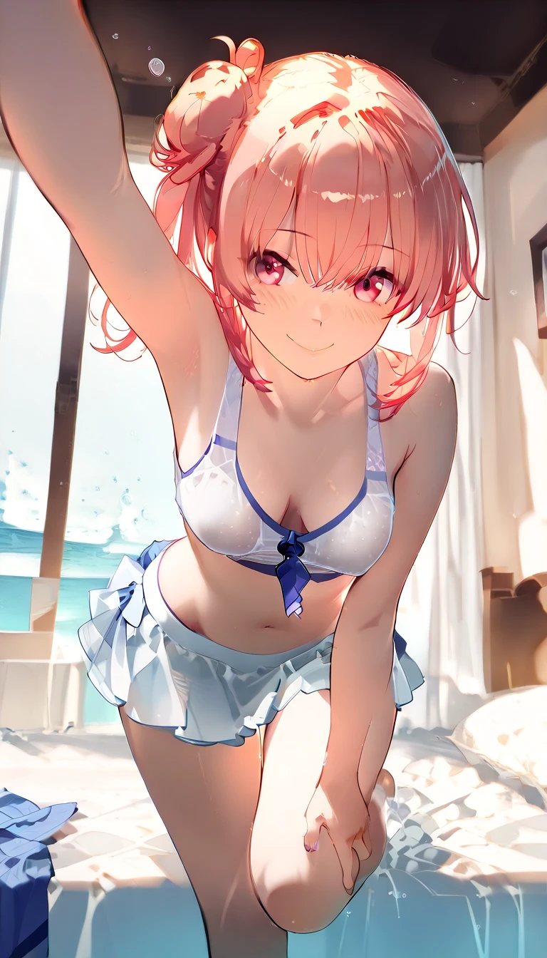 ((masutepiece, Best Quality, hight resolution, nffsw, Perfect Pixel, depth of fields, 4K, )), 1girl in, Solo, Lori, Beautiful anime girl, Beautiful Art Style, 
close up, Looking at Viewer, 
Perfect body,  

Yuigahama Yui,  Short hair, Pink hair, (large boob), 

(Full face blush, Smile)
 
Black Micro Bikini, thighs thighs thighs thighs, Rat trail section, 
on train, window, Landscape of the building, 
Leading Ahead, 
From  above, Upper Eyes, Focus,
