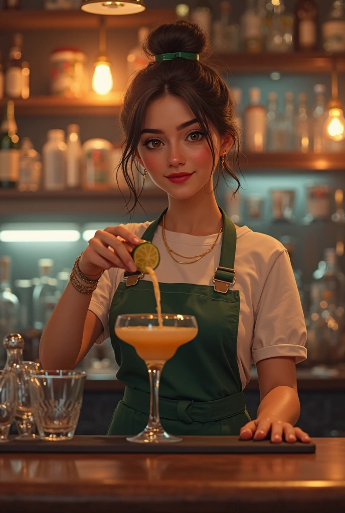 Bartender at the counter with drinks shelf . Rosto detalhado social 4k