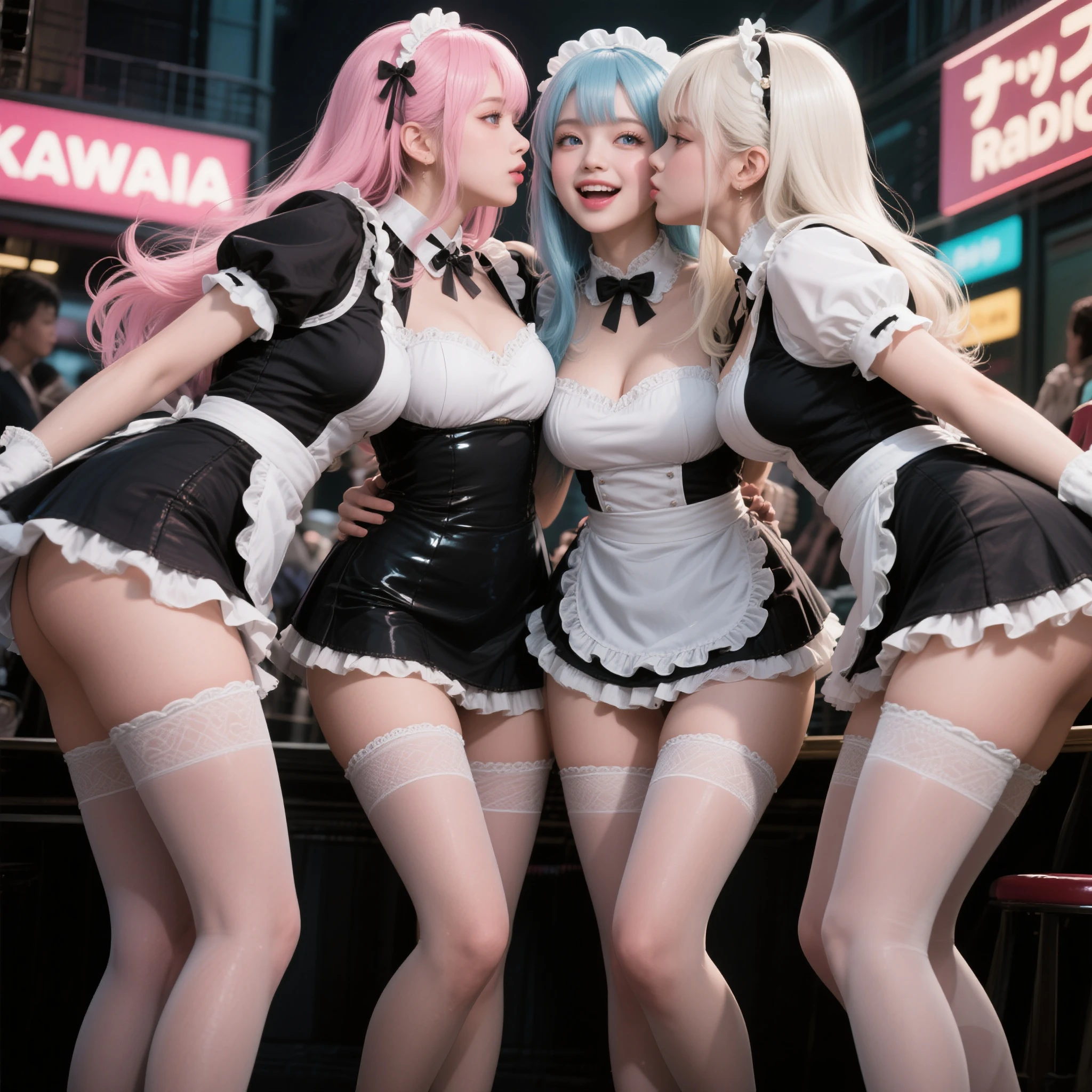 (Full Body of Extremely Detailed((Sexy Maid Group in a row:1.37))), KAWAII perfect face, Reflective Eyes, Detailed(Delicate Clothing textures), Correct Leg Line, Dynamic Joyful Expressions LifeLike Rendering, Specular Reflection, TopQuality 8K Ultra-detailed masterpiece (ProfessionalPhoto:1.37), (Acutance:0.8), (Luminism:1.28), (Renaissance art style), Colorful Light particles, ((Full body from side)), {Kissing|Thigh Gap|AssFocus|(NakedApron with Overflowing SideBoob)}, Radiant Fine Skin with Transparency, (Exposed:0.4), (Different types of Anime hair color){Pink Hair|Blue Hair|Platinum Blonde|Pure White Hair|Liquid Hair}, Perfect Lighting
