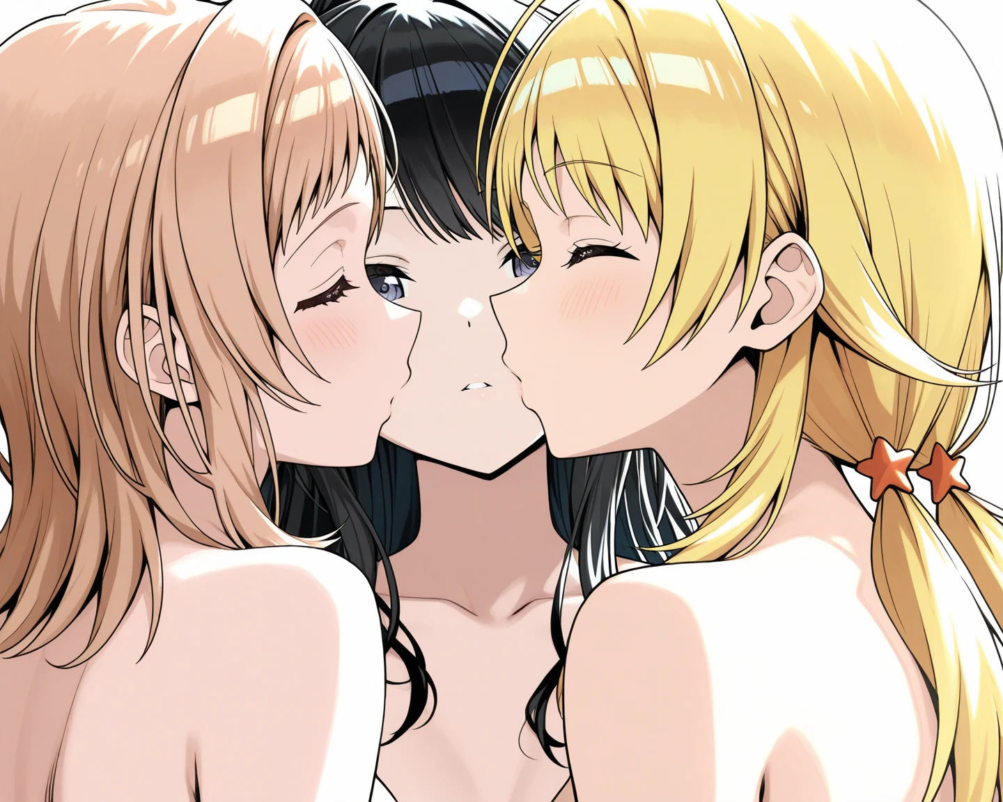 Crouching female blonde nudist、Lots of close elementary school boys pressing their faces in love with each other、surround each other'kissing face、Laughter and joy、longshot、Group Selfies、amazing angle