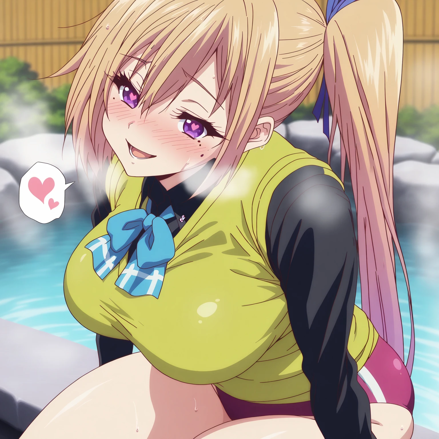 Outdoor,(night),Near hot springs,steam,Rika Jougasaki,Yellow and orange hair hoop, orgasm, blush,(naked),Small breasts,((1boy,ass pov,paizuri,breast squeeze,breast grab,breast in 1penis,)),View your viewers,Looking up,