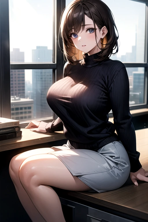 1 female, skirt,Black Pantyhose, High heels, Brown high ponytail, Open, squat, Face Audience, Tabletop, highest quality, 8k, Highly detailed face and skin texture, Fine grain, Wet body, Long Hair, Browsing Caution,  beautiful girl, Bright redhead, Detailed purple eyes, Sexy clothes、 Big Breasts、Gold Necklace、Gold earrings、Sexy Looks,Have a chest