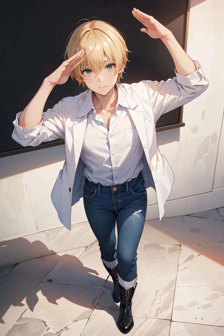 Gilgamesh, (destiny/Zero and destiny/stay), White shirt, Black jacket, Upper Body,  Blonde, View your viewers, One boy, Red eyes, smile, floating hair, (Clear blue sky background), short hair,  Place your right hand on your hip, 8k, Anime cool guy style, alone, close