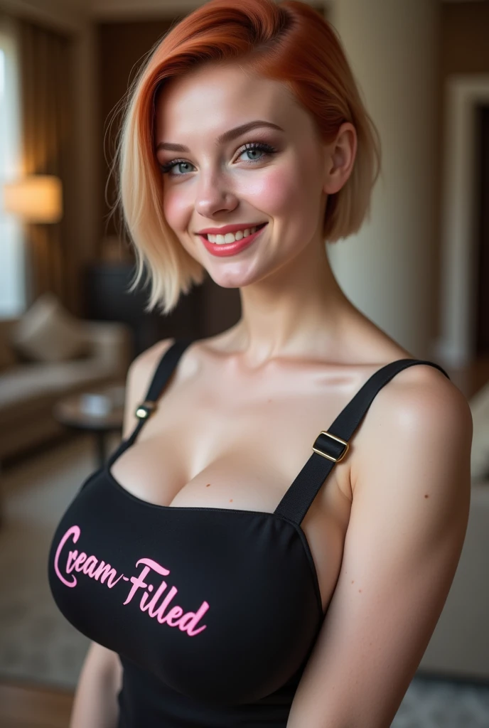 ((best quality, masterpiece, score_9, score_8_up, realistic photograph, life-like realism)), a beautiful teenage girl (((((stark white skin albino)))), muscular Russian supermodel, pixie cut shaved sides short brown hair with blonde highlights, bright blue eyes, freckles, blackout eyeshadow, red lips, 19 years old, closeup cleavage, her oversized breasts are barely covered by a black cloth tiny apron that says "Cream-Filled" in hotpink letters, smiling, smirking, she's leaning forward with her hands on the counter top, head tilted, side view, background bokeh spacious living room, faraway kitchen, elegant fancy rich