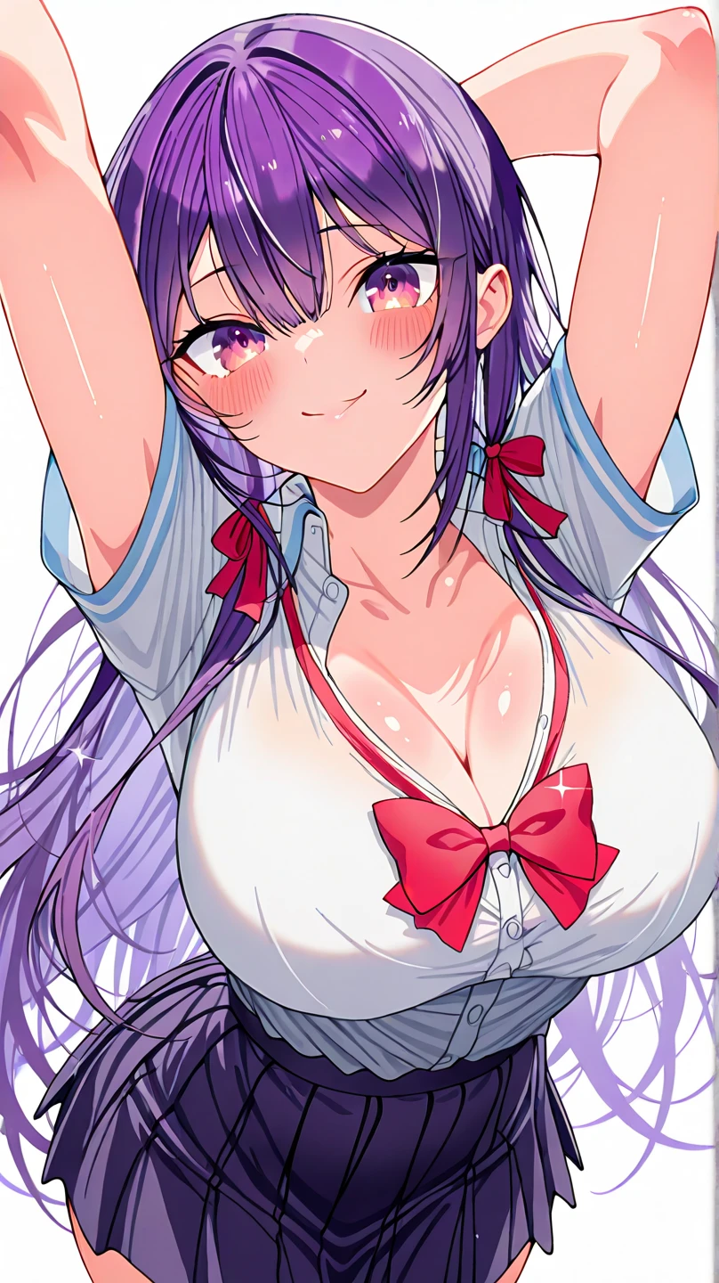 cheddarcheems, hyuuga hinata, hoodie, empty eyes, lavender eyes, dark blue hair, long hair, blush, arms behind back, large breasts, volumetric lighting, light particles,