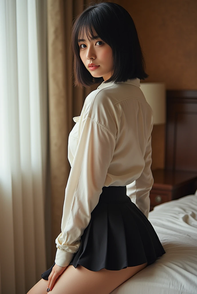 (Arms behind), (Hands behind), Masterpiece, Top quality, Highly detailed, (((Contrasting eyes))), Standing, Blouse, Skirt, Bangs, Room, Indoor