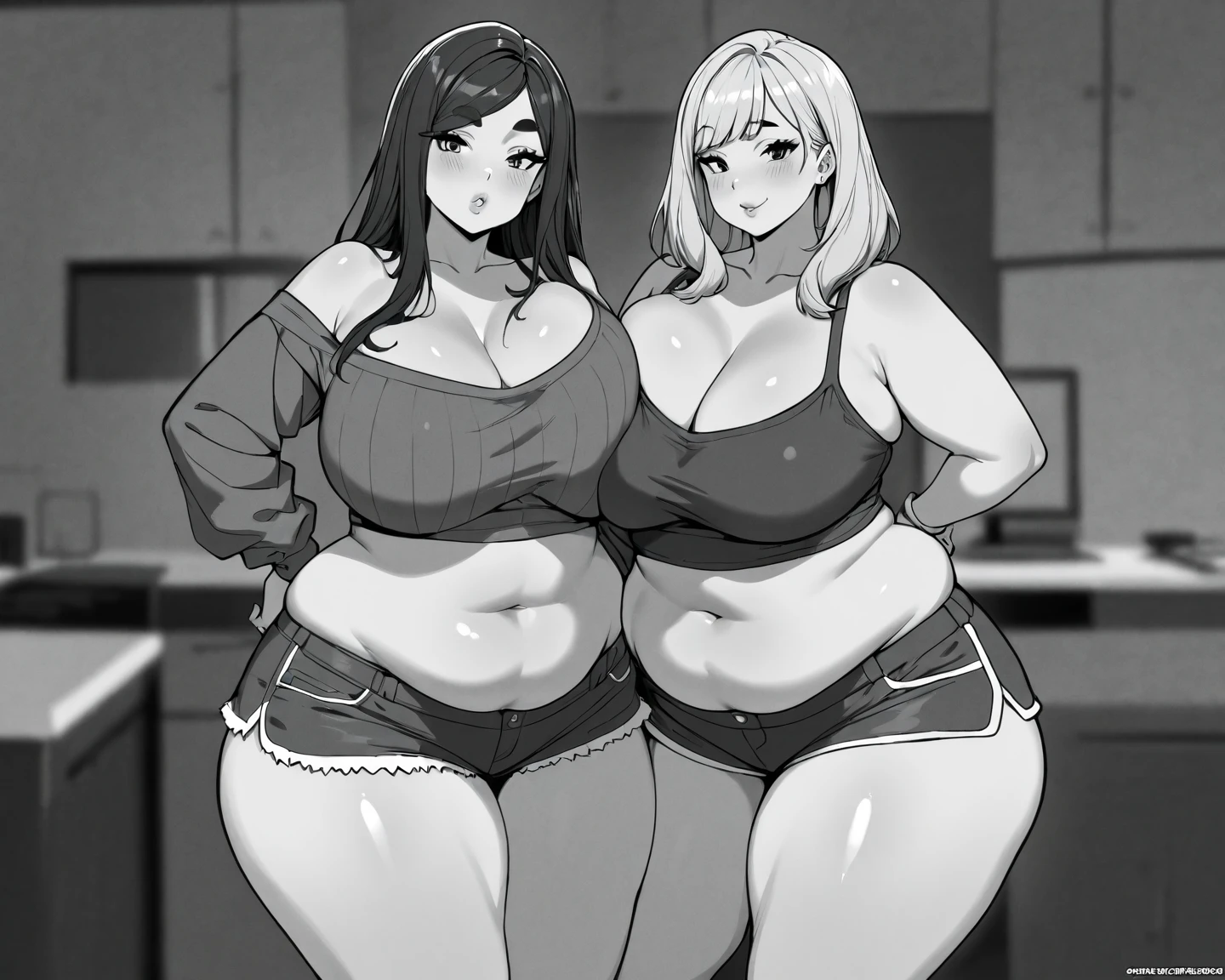 2 people, Voluptuous teenager, teen,, 15 years, brown hair, voluptuous body, studio lighting, huge thighs, delicious thighs, thigh high stockings, huge hips, detailed face, detailed background, 4k,  huge ass, shiny skin, Long hair, 1 girl and 1 boy tanned skin, flirty face, blushing look, with glasses, abdomen with rolls, voluptuous body, huge tits, Micro bikini, final, in the room of the house. with glasses, high stiletto heels, flirtatious smile. lascivious pose, pubic hair, 1 , 1 boy, boy hugging, Lewd face, happy boy, 2 people abrazo, boy with bikini. boy groping, boy touches ass.