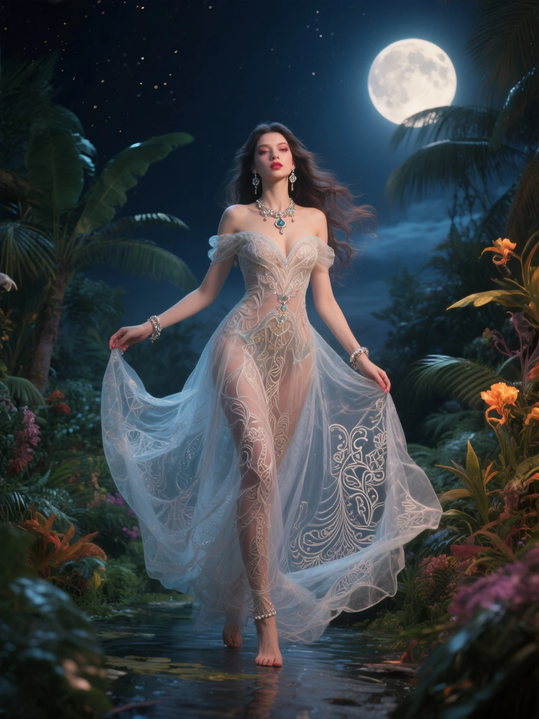 cara detallada, well-defined beautiful girl close-up, full body, slight smile, filigree, ultra highly detailed, mannerism, surrealism digital painting, by Marc Todd, Nicoletta Ceccoli, Ray Caesar, WLOP, close up half water transparent luminous nymph half blue rose, swirling blue rose vines, trees big blue closed rose flowers, moon, moonlight, detailed night sky with stars and clouds, lavish green leaves, garden, blossoming, stars, sparks, Van Gogh starry sky, celestial glowing, glowing aura, mystical, water drops, highly detailed, intricated, intricated pose, complex background, oil painting, thick strokes, mannerism, vibrant colors, masterpiece, high quality, 32k, best quality, vestido transparente sexi, senos pequeños, panti transparente, ojos dorados, pose sensual, pesones rosados, mostrando vagina, dama semi desnuda, full
body