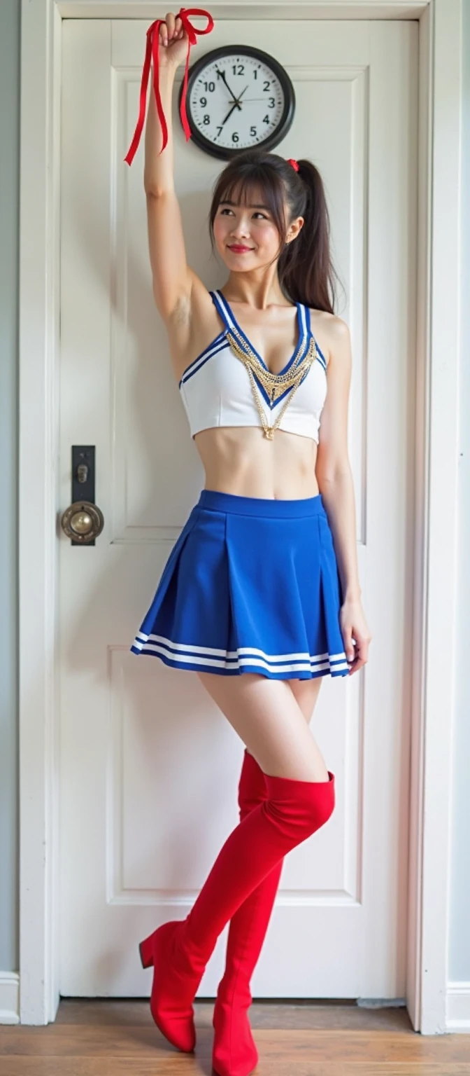 Sailor Mercury with big breasts, high legs, shackles, shackles, collar, tied up with chains that cut into her body, crucified against the wall, and imprisoned in a dungeon.