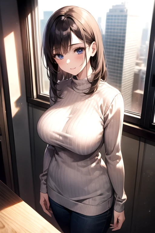 /(Modern house interior/), Only One Woman, Mature Woman, /(blue ribbed 汗er/), bangs, kind, Blushed Smile, (Top quality masterpiece:1.2) Delicate illustrations, Very detailed, Large Breasts、((Elegance)), In front of the entrance door、visit、(Full Shot)),