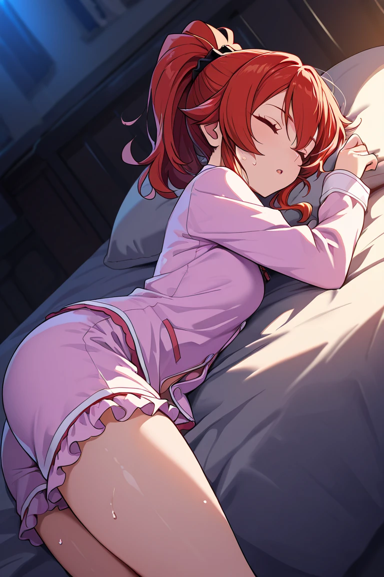 girl，red short hair，blue pupils，Smile，Shy，blush，whole body，Lying in bed，White skirt blown by the wind，let me see her butt，sexy，translucent clothes，Open your mouth，The hand is on the inner thigh